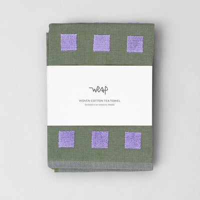 Squares Olive/Lilac Cotton Tea Towel - Re - leaf