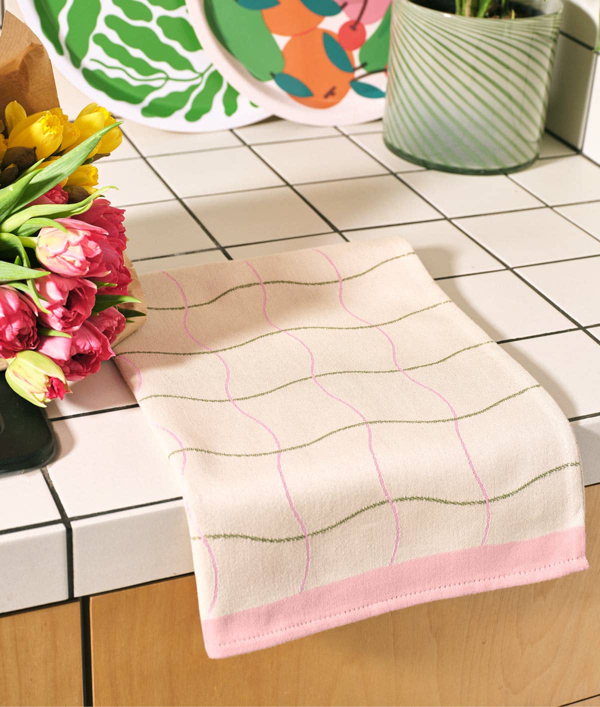 Wave Grid Natural Cotton Tea Towel - Re - leaf